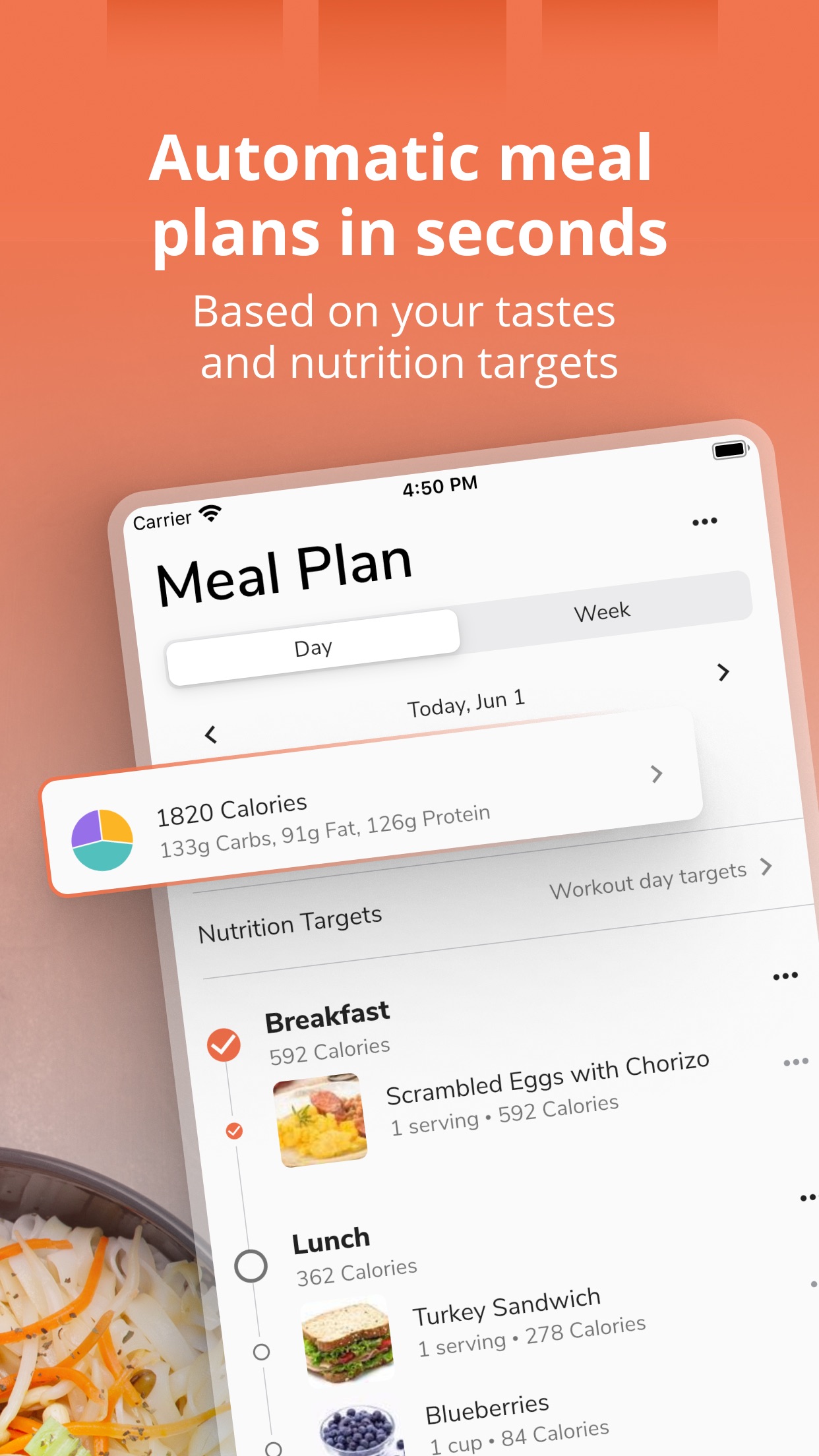 Meal plan screen showing a day's calorie and macro totals with breakfast and lunch entries